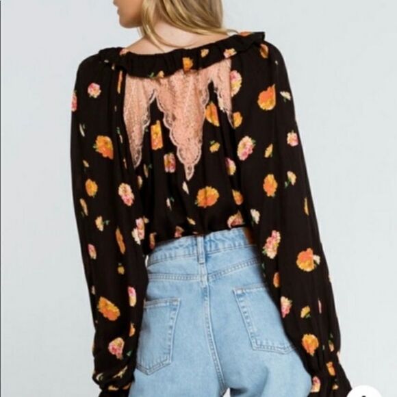 New Free People Black Poppy Printed  blouse size M - Picture 3 of 9
